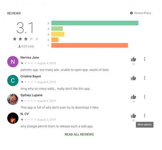 Негативные отзывы в Google Play также могли предостеречь пользователей от скачивания ложных селфи-утилит